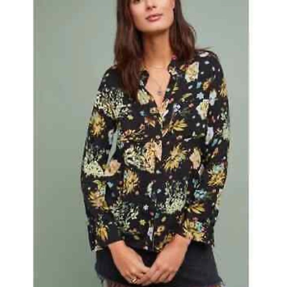 Anthropologie Maeve Lady Bug Whimsy Floral Print Button Down Blouse Size 2 XS - Picture 1 of 10